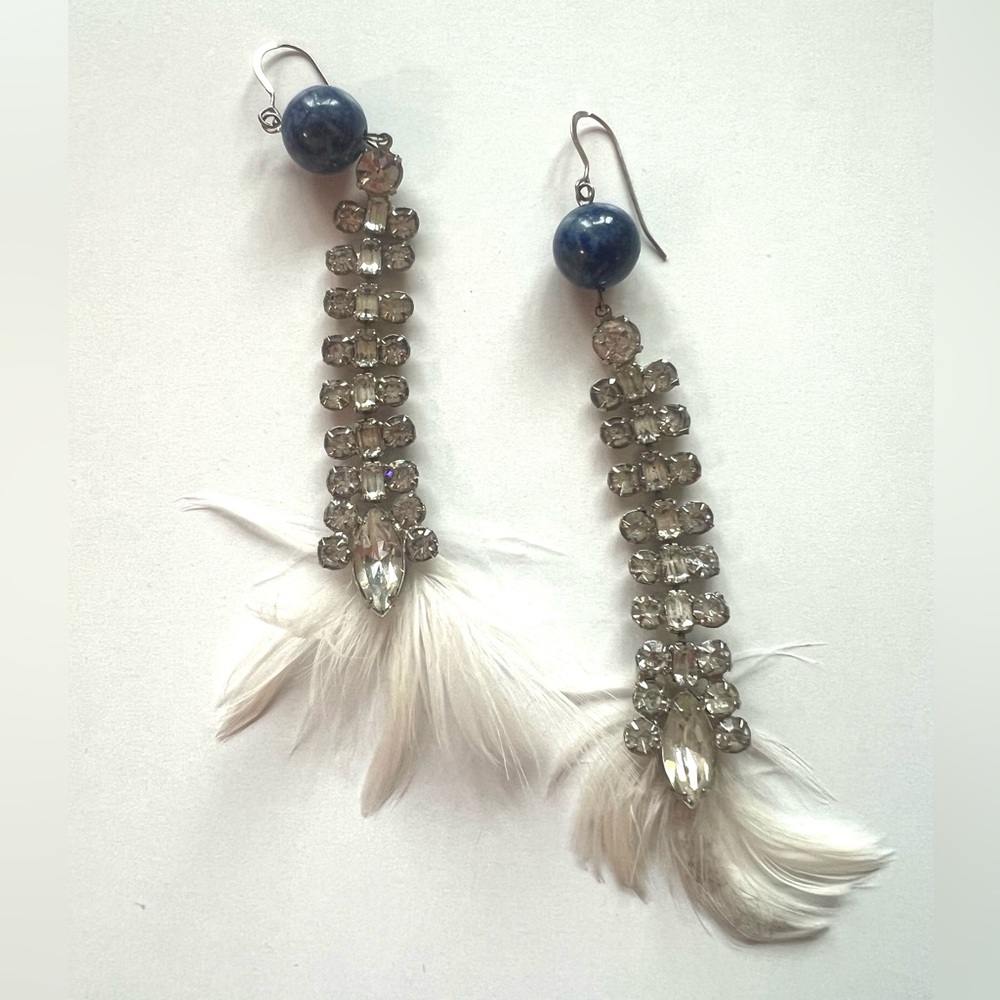Anthropologie Blue lapis Crystal & White Feather Drop Earrings handmade